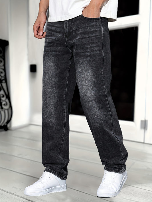 1pc Men'S Classic Solid Color Washed Denim Jeans, Non-Stretch Regular Fit Work Style, All-Season Woven Fabric, Regular Length - Adult Casual Pants
