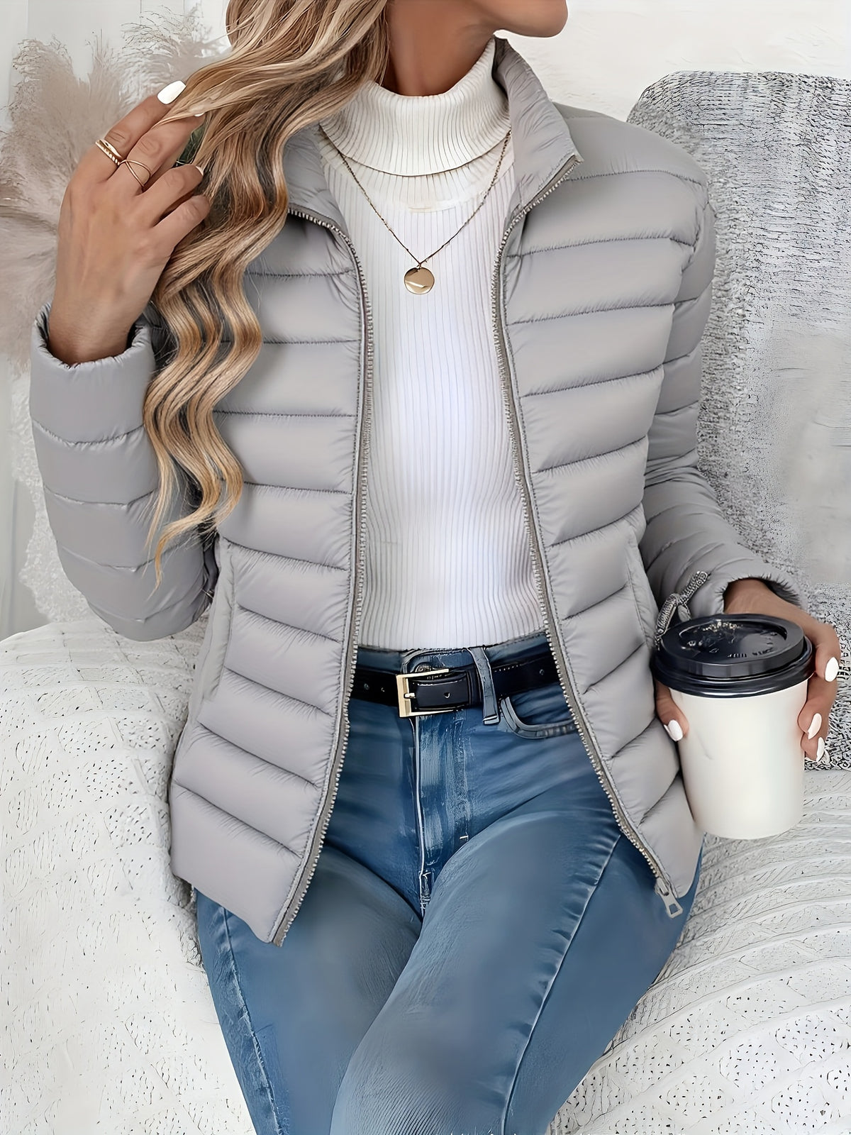 Women's Slim-Fit Quilted Polyester Jacket with High Neck
