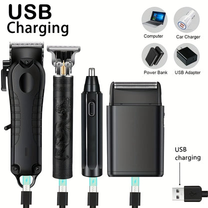 1pc/4pcs Men'S Grooming Kit, Hair Clipper, Electric Shaver, Nose Trimmer, Beard Trimmer, USB Rechargeable Multi-Functional Haircutting Set, Perfect for Beard and Hair Trimming, Travel Essentials, Father'S Day Gift
