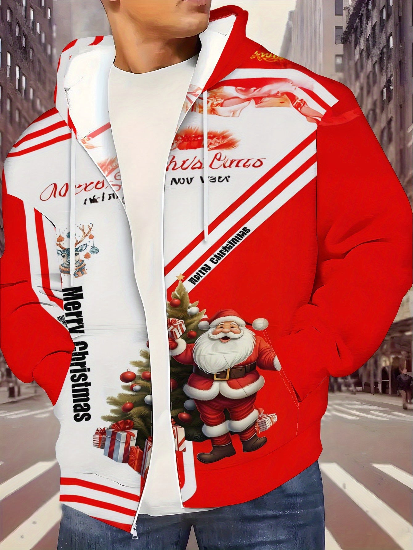 Men's Christmas Zip Hooded Sweatshirt with Santa & Tree 3D Print - Full-Zip Front Jacket, Loose Fit Winter Sweater for Holiday Travel & Casual Wear, Machine Washable Coat for Gifts and Party Outfits