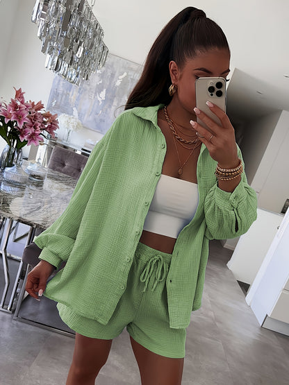 Women's Cotton Cardigan & Shorts Set Casual Long Sleeve