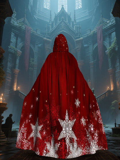 1pc Red & White Snowflake Cape with Hood - Long Flowing Winter Costume for s &, Christmas Party Costume, New Year's Eve Outfit, Themed Events - Machine Washable 100% Polyester Coat (Star Pattern Back), 2D Flat