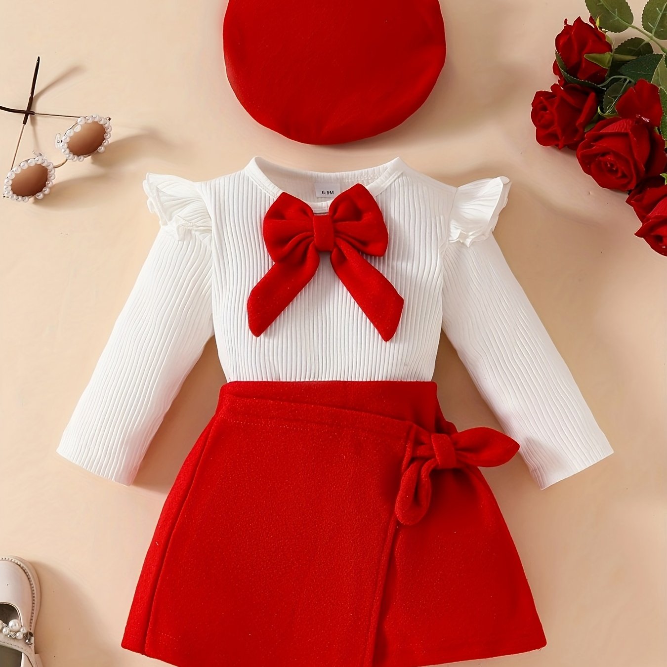 Honey Style Knitted Fabric Crew Neck Long Sleeve T-Shirt with Solid Color Flared Skirt and Beret Set for - Bow Detail Knee High Medium Stretch Fall/Winter Outfit