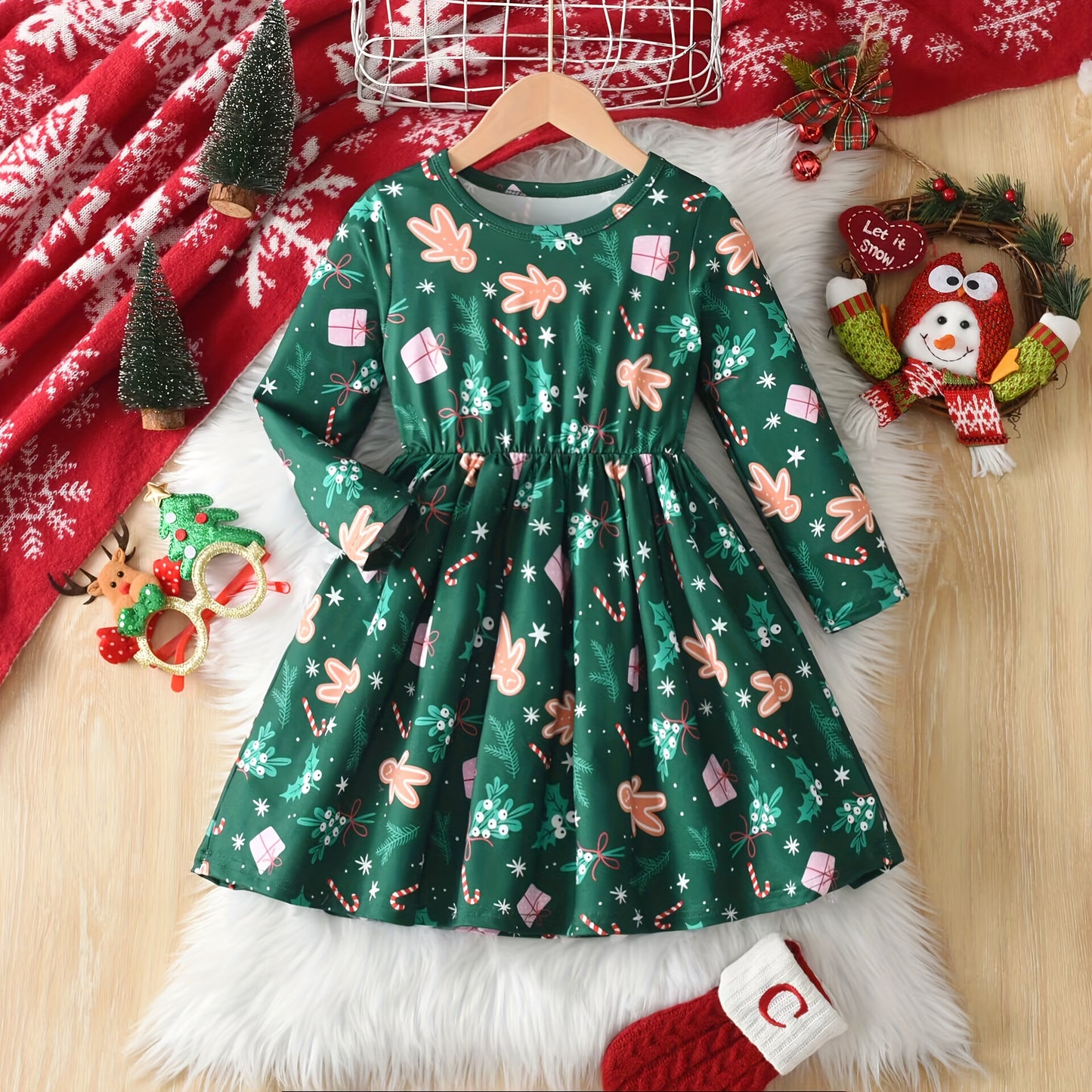 Girls' Christmas Party Dress - Elegant Green & Red Holiday Outfit with Gingerbread Children, Ruffled Hem & Waist - Long Sleeve Formal Party Dress for Christmas, New Year, Birthday - Machine Washable Girls' Clothing, Christmas