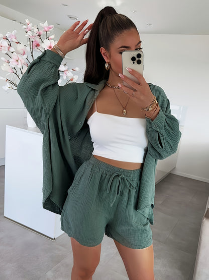 Women's Cotton Cardigan & Shorts Set Casual Long Sleeve