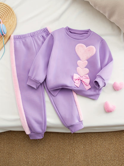 Autumn And Winter Girls' Fashion New Style Simple And Versatile Elegant Heart-Shaped Pattern Splicing Embroidery Bow Decoration Round Neck Long-Sleeved Top + Slim Stretch Leggings Casual Sports Two-Piece Set, Suitable for Out