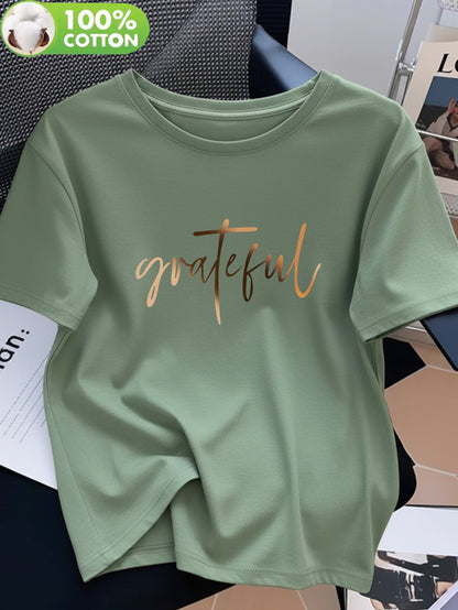 Women's 100% Cotton Casual T-Shirt with 'Grateful' Print