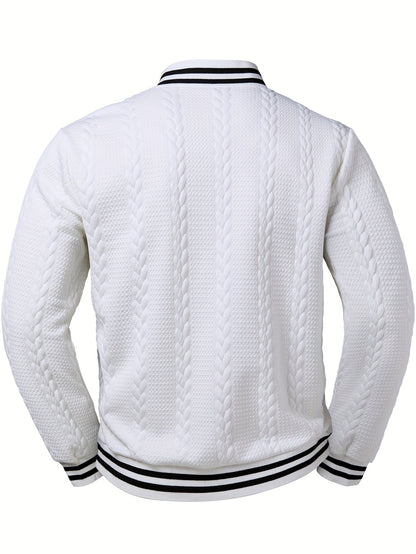 Men's Lightweight Bomber Jacket - White/Black Contrast & Dark Blue Piping, Machine-Washable Casual Coat with Button Closure, No- Design for Fall/Winter, Versatile Outerwear (Beige/Pink Shades Available) - Stylish & Breathable