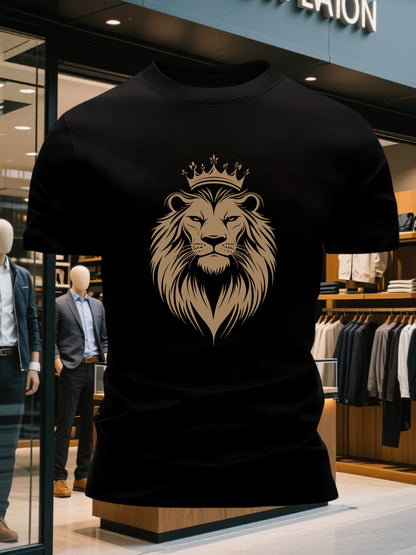 Men's 100% Cotton Crew Neck Short Sleeve T-Shirt with Regal Lion Crown Graphic Print - Navy Blue Casual Comfort Fit, Machine Washable All-Season Versatile Top, Cotton T Shirts, Leisure Clothing, Creative Print Shirt, Soft Tex