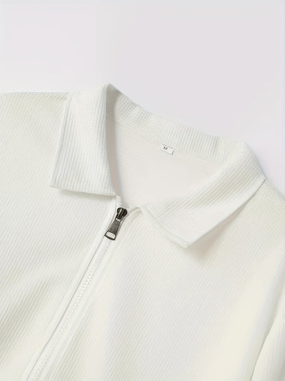 Men'S Solid Color Waffle Texture Zipper Jacket - Full-Zip Casual Coat with Full-Zip Closure, Long Sleeve Lapel Collar, /Navy Brown/