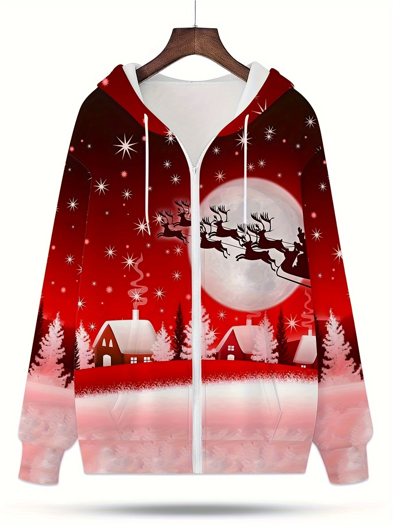 Men'S Christmas Hoodie with Full-Zip Closure - Red & Pink Holiday Print Sweatshirt, Machine Washable Polyester Jacket for Christmas Parties, Family Gatherings - Cozy Winter Outerwear for Men, Seasonal Fashion, Festive Design,
