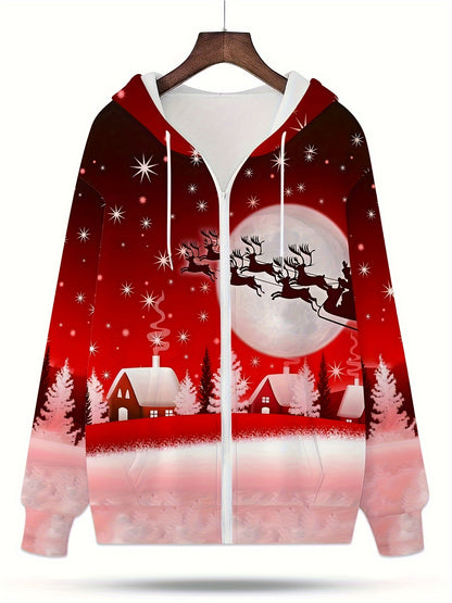 Men'S Christmas Hoodie with Full-Zip Closure - Red & Pink Holiday Print Sweatshirt, Machine Washable Polyester Jacket for Christmas Parties, Family Gatherings - Cozy Winter Outerwear for Men, Seasonal Fashion, Festive Design,