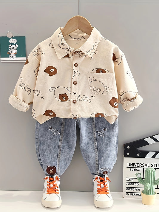 Boys' Bear Print T-shirt + Jeans Set 2pcs Combination, Versatile and Fashionable Casual Daily and Festival Wear, Perfect for Outdoor