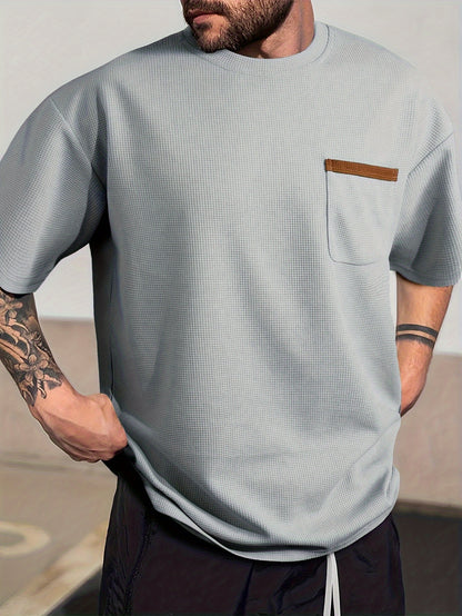 Men's Solid T-shirt With Chest Pocket, Casual Short Sleeve Crew Neck Tee, Men's Clothing For Summer Outdoor