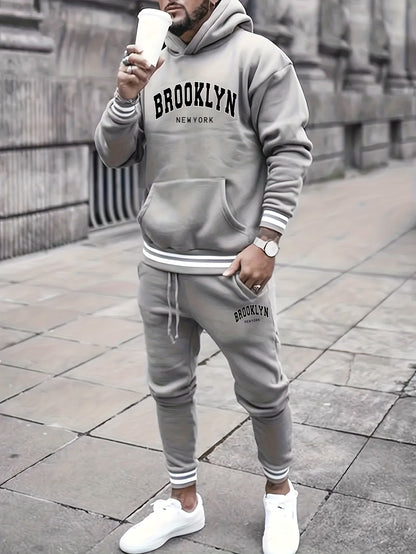 2pcs Men's Trendy BROOKLYN Letter Print Hooded Outfit, Hoodie & Pants Set, Men's Clothes For Spring Fall Winter, As Gift