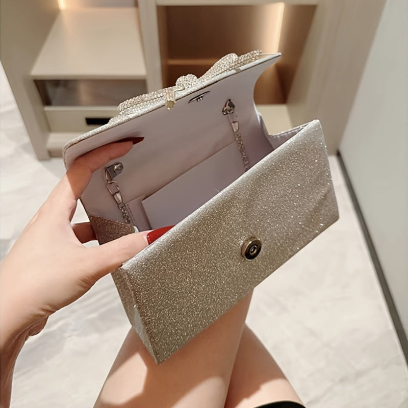 Նորաձև երեկոյան պայուսակ, բազմակողմանի երեկույթների համար, շքեղ դիզայնով, ադամանդե ժապավենով և շղթայով, կատարյալ է հարսանիքների և մայրերի օրվա նվերների համար