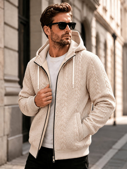 Men's Thickened Hooded Jacket with Cable Knit Embossing