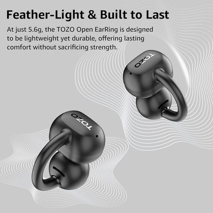 TOZO Openearring True Open Ear Headphones, Lightweight Comfort Open Ear Clip Wireless Earbuds, 40H Play Bluetooth 5.4 Headphones with Smart Digital Display Design Fit Sports Running, Workout Black