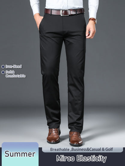Men's Solid Color Straight Leg Business Style Cotton Blend Pants, Casual Comfy Breathable Outdoor Trousers As Gift