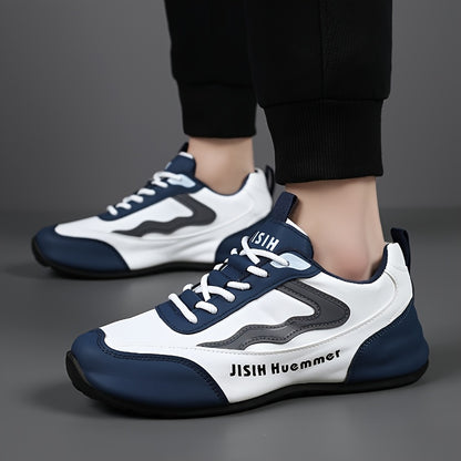 Men's Breathable Color-Block Low-Top Running Shoes - White  Navy Blue Contrast Design, Durable PU Upper  PVC Sole, All-Season Non-Slip Traction for Gym, Jogging, Casual Wear, Jogging Footwear   Sporty Look   Fabric Lined In