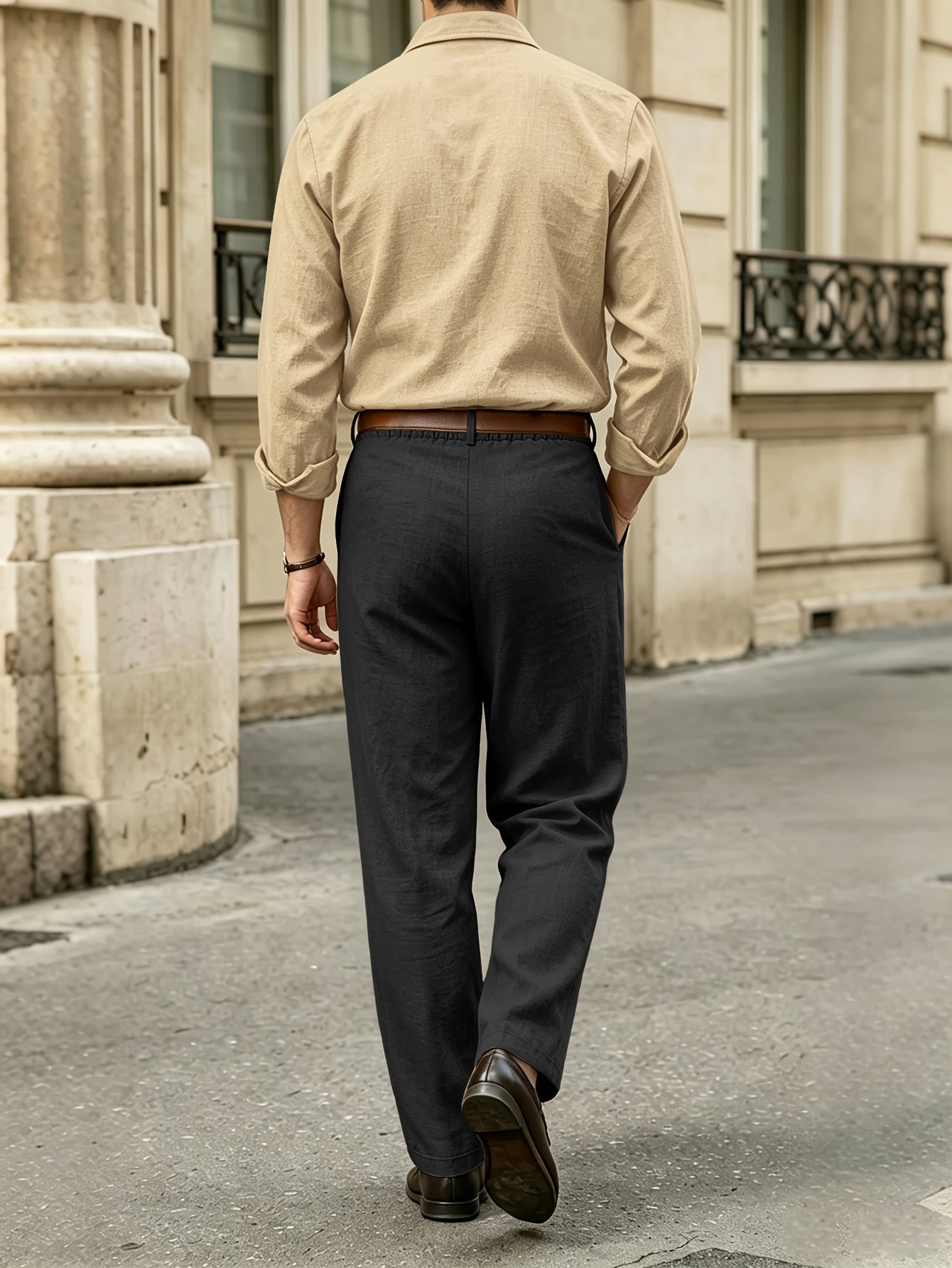 Men's Casual Linen Lapel Shirt & Buckle Pants Set for Spring/Fall