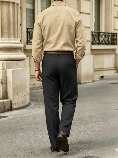 Men's Casual Linen Lapel Shirt & Buckle Pants Set for Spring/Fall