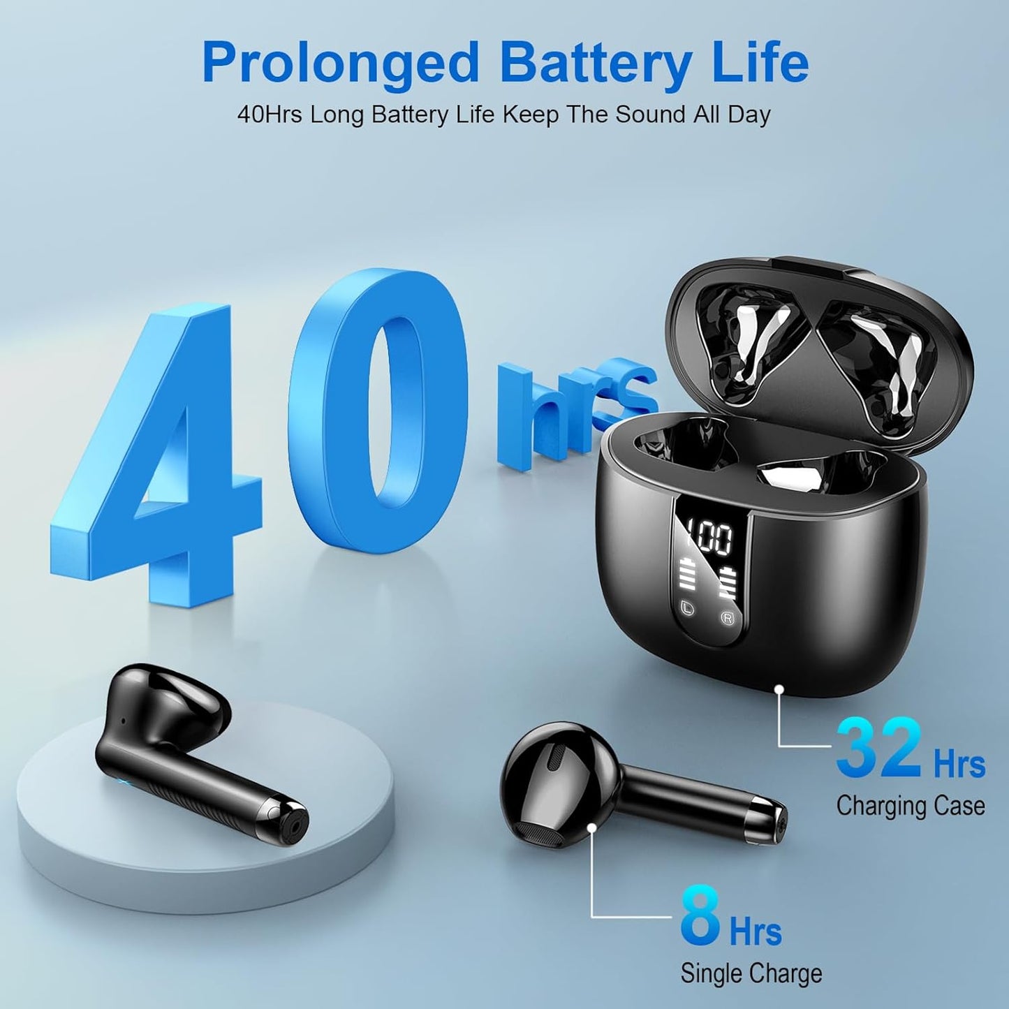 Wireless Earbuds, Bluetooth Headphones V5.4 Stereo Bass Ear Buds with ENC Noise Cancelling Mics, 40H Bluetooth Earbuds with LED Display Charging Case, IP7 Waterproof Earphones for Android Ios, Black