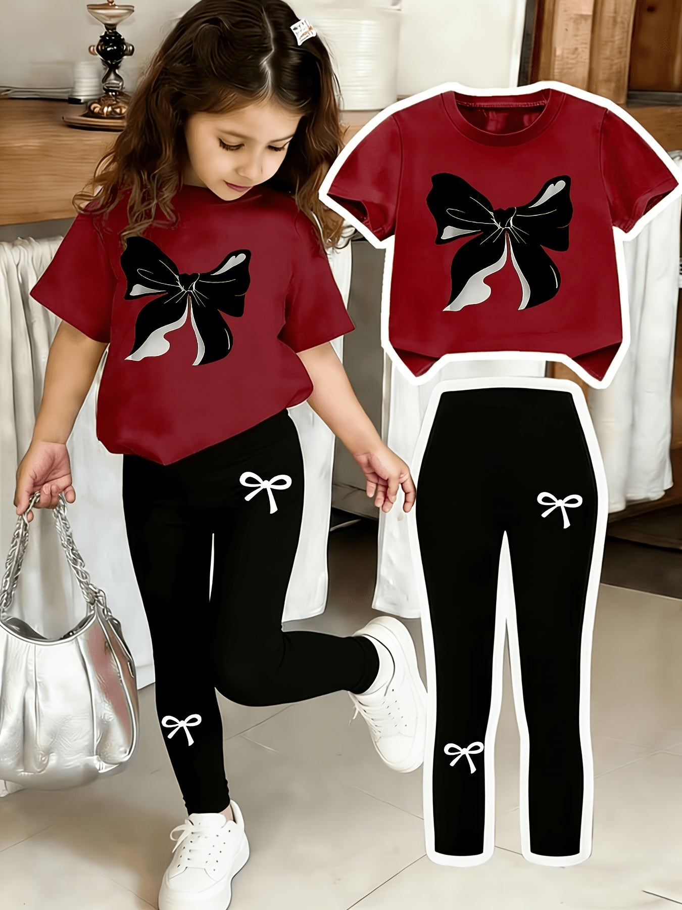 Girls Black Bow Print Top & Leggings Set, Summer Casual