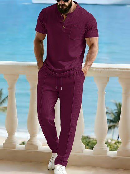 Men's Casual Stand Collar Shirt & Elastic Waist Shorts Set