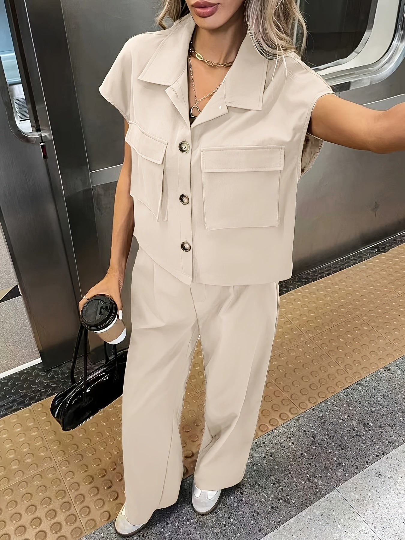 Women's Casual Solid Color Shirt and Pants 2pcs Set, Spring Summer 2pcs Set: Solid Color Button-Up Short Sleeve Top and Pocket Pants, Women's Casual Elegant Spring Summer 2pcs Outfit, Women's Outing and Date Wear, Spring Summ - ayq