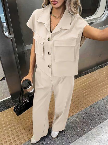 Women's Casual Solid Color Shirt and Pants 2pcs Set, Spring Summer 2pcs Set: Solid Color Button-Up Short Sleeve Top and Pocket Pants, Women's Casual Elegant Spring Summer 2pcs Outfit, Women's Outing and Date Wear, Spring Summ - ayq