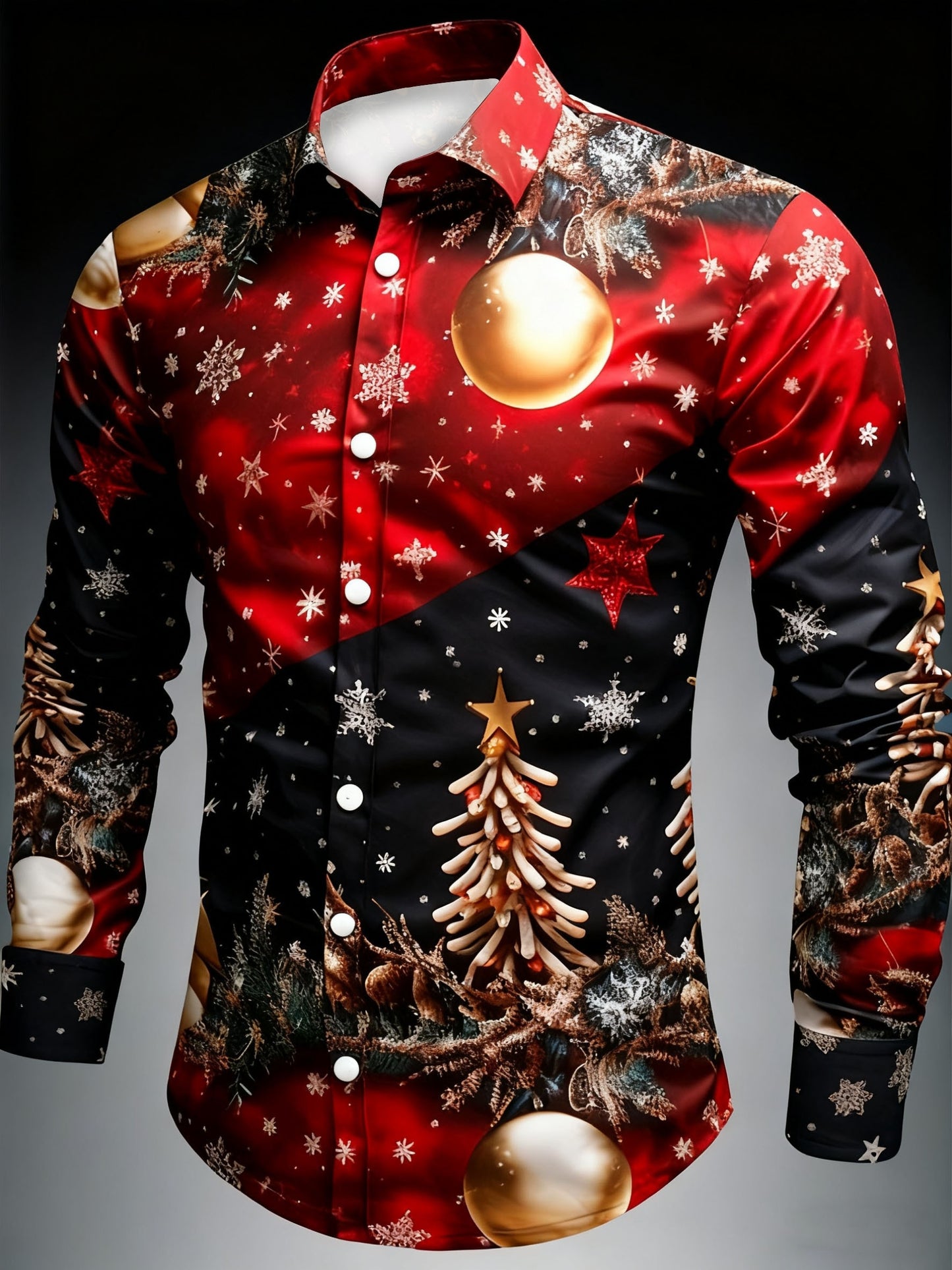 Men's Christmas Party Shirt with Red & Black Snowflake Pine Tree Print - Golden Button-Front Long Sleeve Dress Shirt, Stand Collar Casual Blazer-like Top for Holiday Events, Winter Celebrations & Xmas Gatherings (Machine Wash