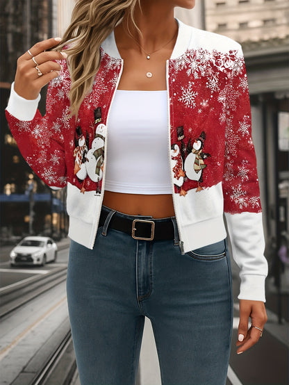 Women's White & Red Snowman Print Short Jacket with Baseball Collar - Winter Coat, Lapel-Like Collar & Snowflake Sweater-like Back, Machine Washable Casual Outerwear for Christmas Parties, New Year's Events (No Dry Clean)