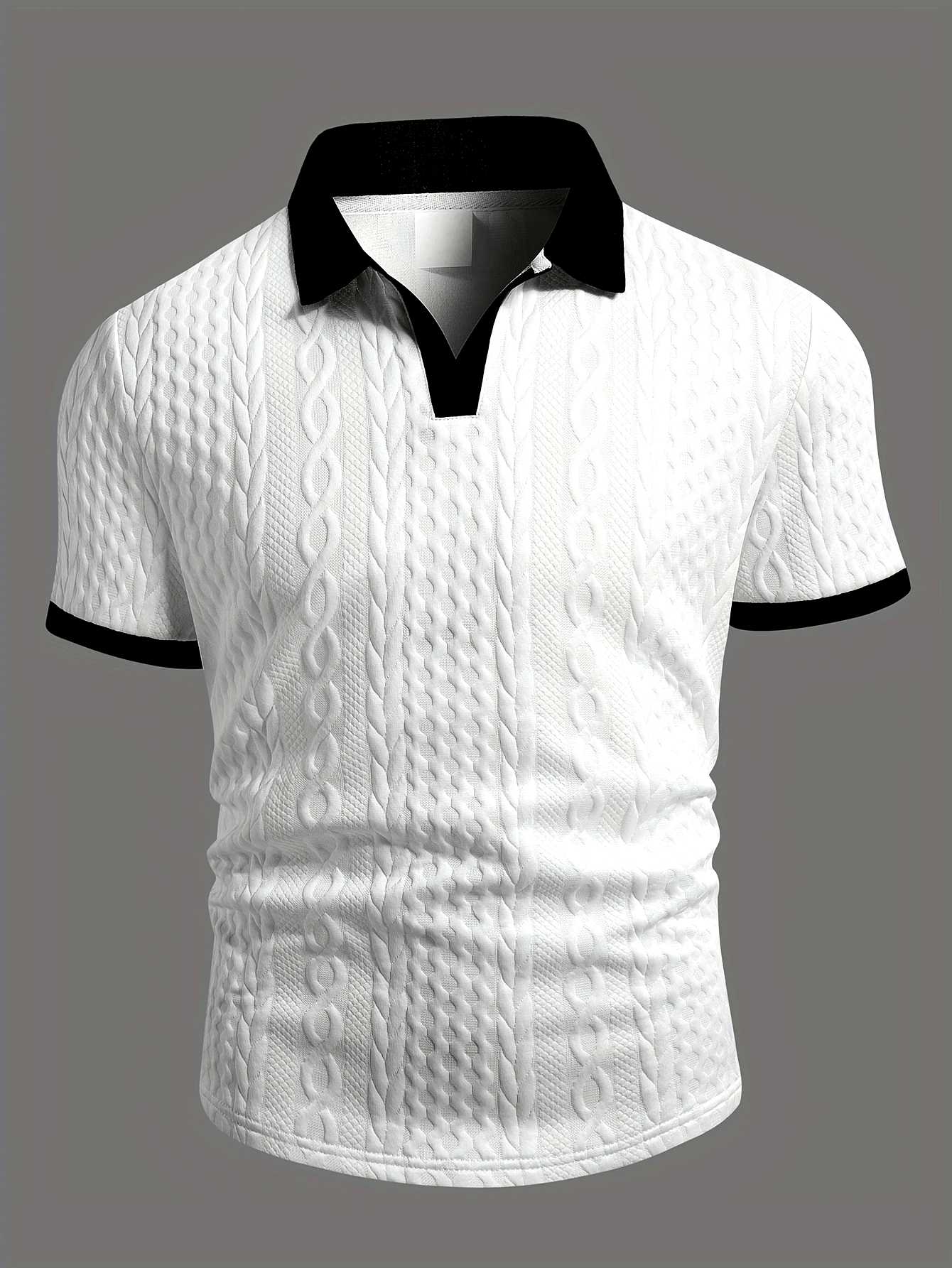 Summer Breathable Italian-style Color-blocked Light-mature Trendy Men's Shirt with V-neck, Slight Stretch, Jacquard Texture, Slim-fit Short Sleeves, Knitted - ayq