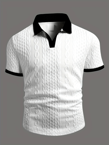 Summer Breathable Italian-style Color-blocked Light-mature Trendy Men's Shirt with V-neck, Slight Stretch, Jacquard Texture, Slim-fit Short Sleeves, Knitted - ayq