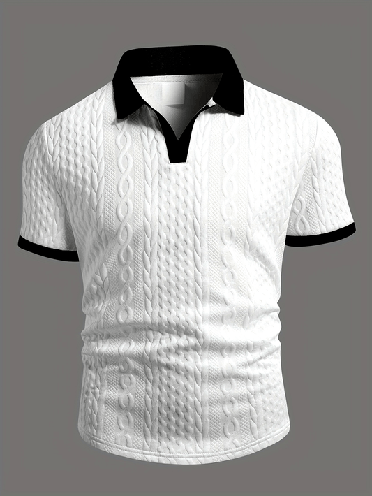 Summer Breathable Italian-style Color-blocked Light-mature Trendy Men's Shirt with V-neck, Slight Stretch, Jacquard Texture, Slim-fit Short Sleeves, Knitted - ayq