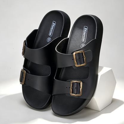 Unisex Retro Slide Sandals with Metal Buckle, Casual Double Strap
