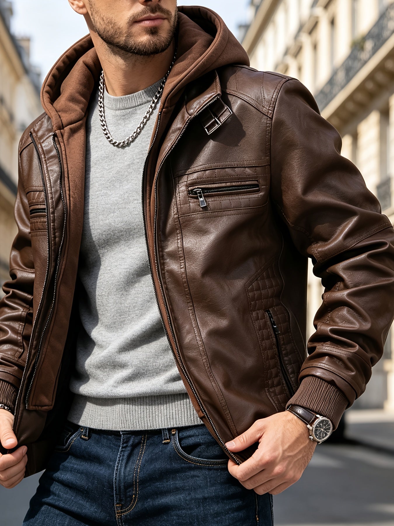 Men's Slim Fit Faux Leather Hooded Jacket for Fall Winter