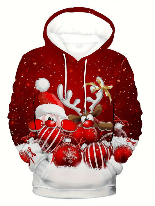 Men's Plus Size Christmas Hooded Sweatshirt - Oversized Fleece-Lined Pullover with Reindeer & Snowflake Print, Red/Green Winter Warm Hoodie, Machine Washable Cozy Holiday Sweater for Parties & Casual Wear (Elf & Candy Cane Po