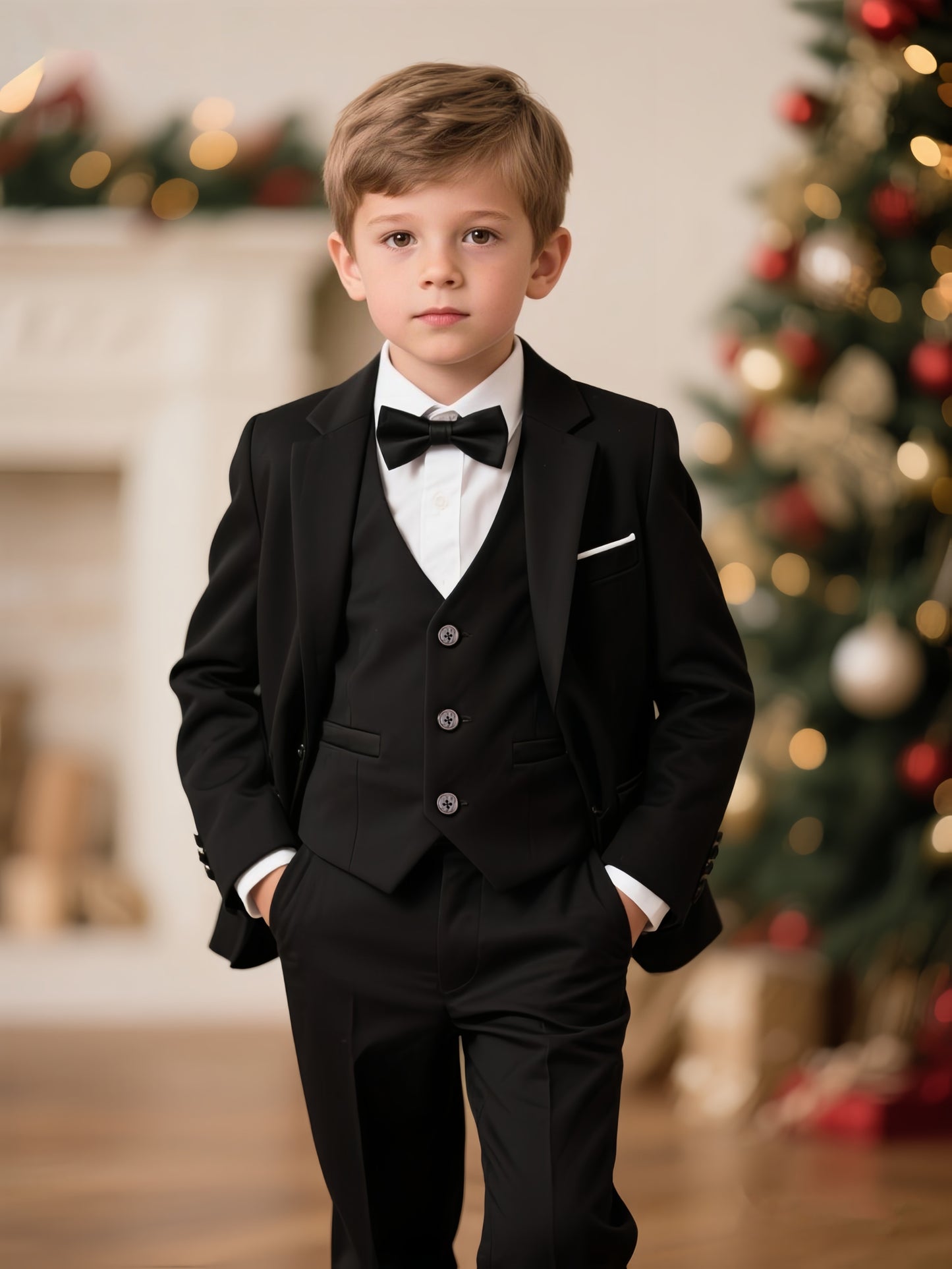 Boys Formal 3-Piece Suit Set Jacket Vest Pants with Bow Tie