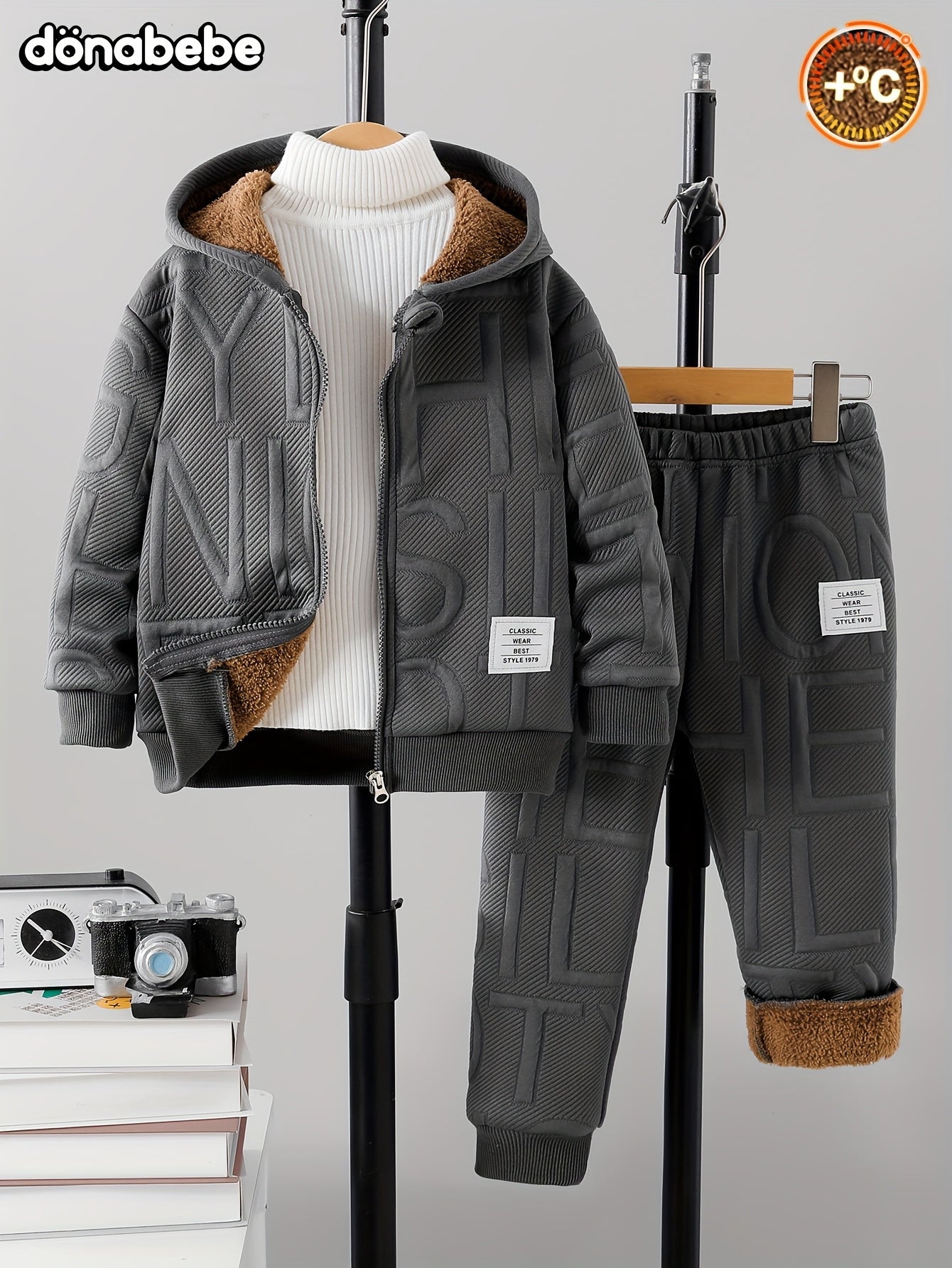 DONABEBE ' 2pcs Winter Jacket & Pants Set - Full-Zip Hooded Coat with Fleece, Matching Letter Logo Pants, Warm Casual Outfit for Cold Weather, Cozy 2pcs Clothes (Hand Washable), Perfect for Outdoor