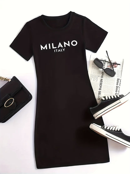 Women'S Milano Italy Print Bodycon Dress, Polyester 92% Elastane 8% Knit Fabric, High Stretch Geometric-Pattern, Short Sleeve Round Neck, Plus Size, Sports Style for Spring/Summer/Fall - 180g/m²