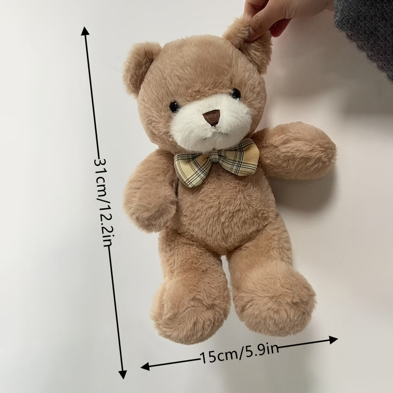 1 Cartoon Bow Bear Plush Toy, 31cm/12.2in, Available in Light Brown and. Suitable for Halloween, Thanksgiving, Christmas, New Year, Valentine's Day, Mother's Day, Carnival, Easter. Ideal for Living Room, Sofa, Bedroom, Bedsid