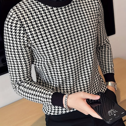Նոր տղամարդու Houndstooth գունավոր խճճված սվիտեր, կլոր վզնոցով և երկար թևքերով ամենօրյա սվիտեր, տրիկոտաժե