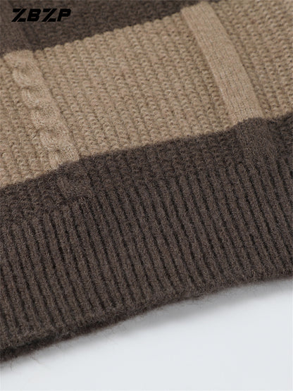 ZBZP Men'S Casual Striped Knit Sweater - Dark Gray & White Horizontal Stripes, Round Neck Long Sleeve, Regular Fit, Autumn Winter Warm Pullover for Casual Attire, Knit Sweater, Comfortable Fashion, Soft Texture, Cold Weather