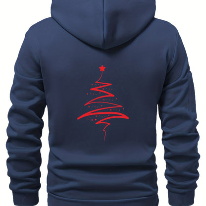 Men'S Minimalist Red & Christmas Tree Print Hooded Sweatshirt - Long Sleeve Casual Pullover with Piping, Regular Fit Winter Warmth for Holiday Parties, Outdoor Activities & Casual Attire, Christmas Sweatshirt, Seasonal Fashio