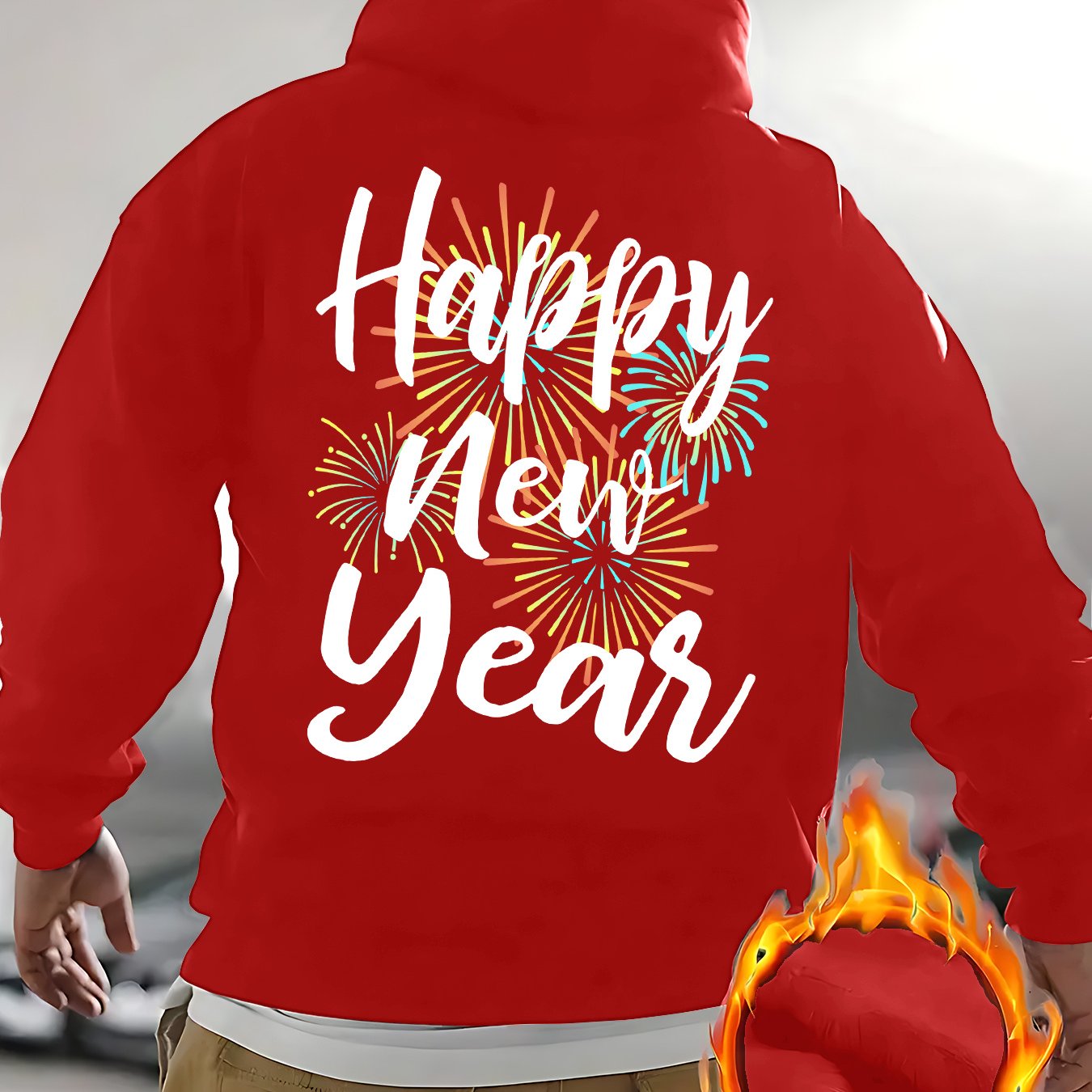 Men's New Year's Eve Fireworks Print Hooded Sweatshirt - Happy New Year Back Design with Adjustable Drawstring Hood, Loose Fit Streetwear Pullover, Warm Winter Casual Sweater for Parties & Casual Attire (Machine Washable), Re