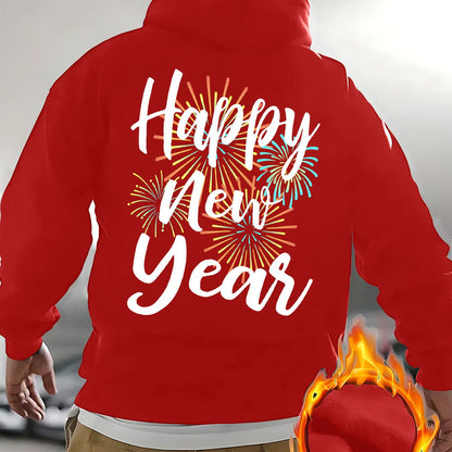 Men's New Year's Eve Fireworks Print Hooded Sweatshirt - Happy New Year Back Design with Adjustable Drawstring Hood, Loose Fit Streetwear Pullover, Warm Winter Casual Sweater for Parties & Casual Attire (Machine Washable), Re