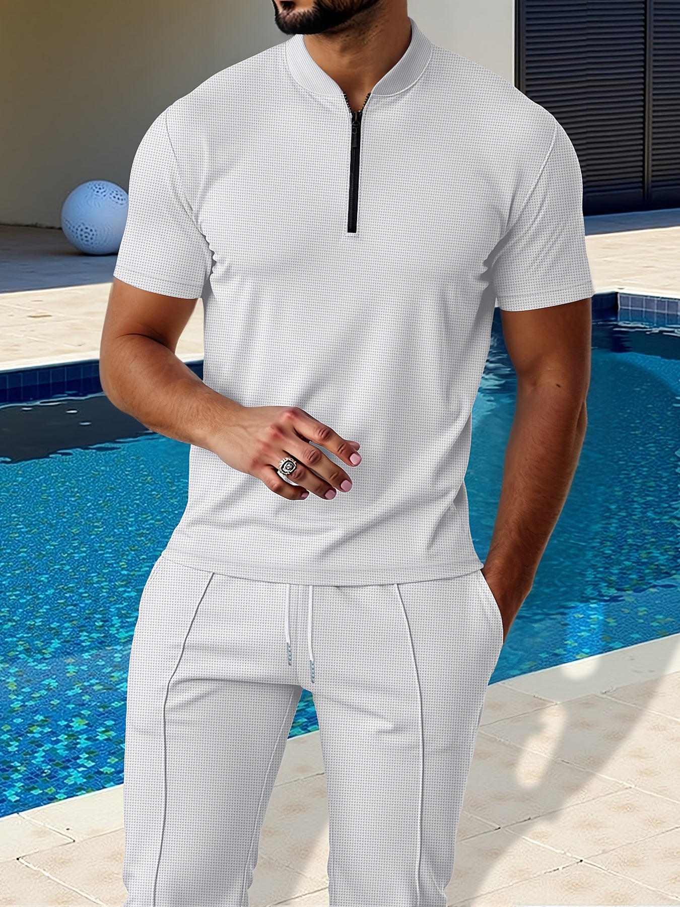 Men's Waffle Knit Zipper Shirt, Rib Collar Short Sleeve T-Shirt, Casual Breathable Summer Top - ayq