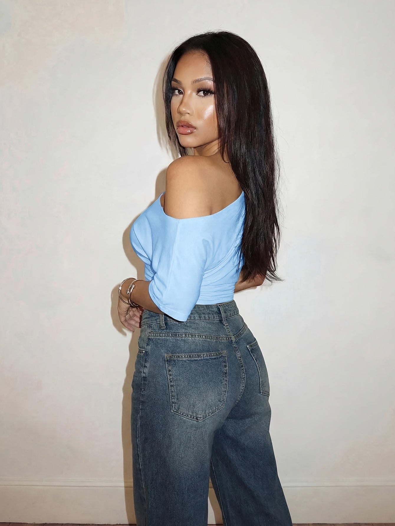 Elegant Off-Shoulder White T-Shirt Top with Pleated Waist